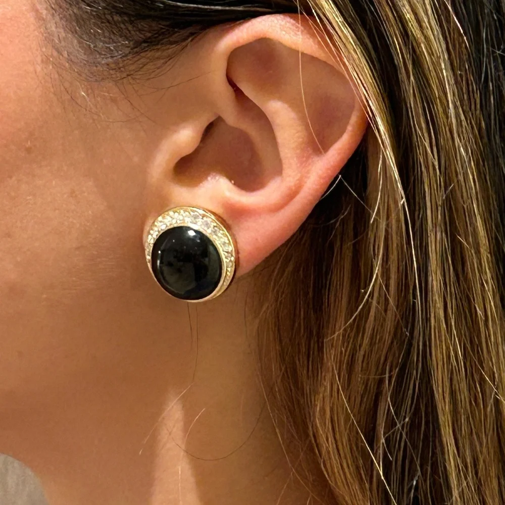 Vintage CHRISTIAN DIOR Black & Crystal Gold Clip On Earrings - Picture 3 of 4